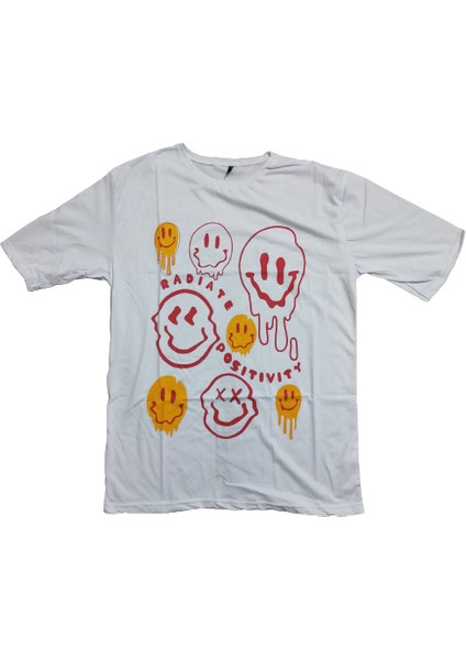 Bisikle Yaka Oversize Gülenyüz Baskılı Unisex T-Shirt modelleri