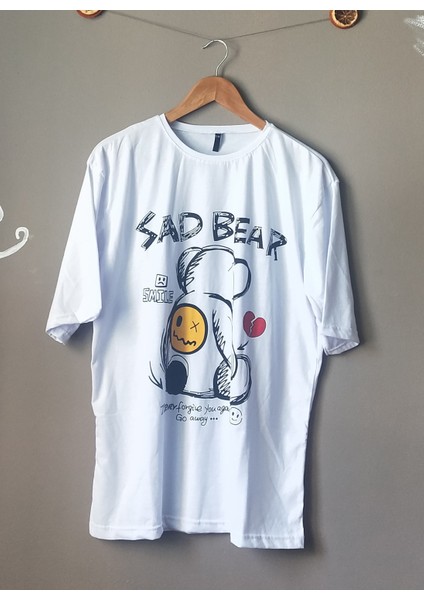 Bisiklet Yaka Oversize Sad Bear Baskılı Unisex T-Shirt