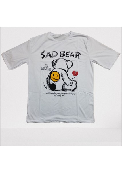 Bisiklet Yaka Oversize Sad Bear Baskılı Unisex T-Shirt