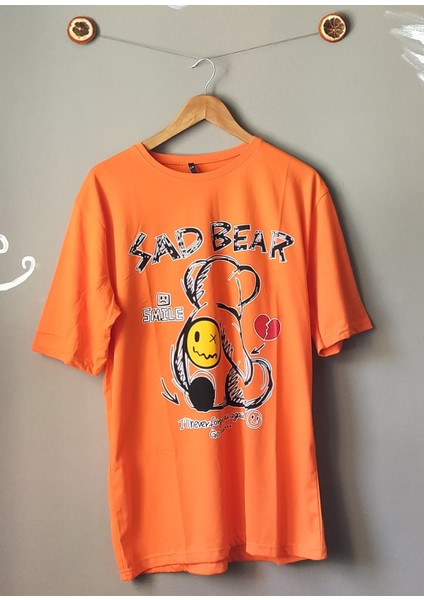 Bisiklet Yaka Oversize Sad Bear Baskılı Unisex T-Shirt