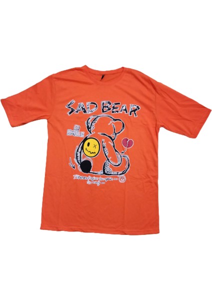 Bisiklet Yaka Oversize Sad Bear Baskılı Unisex T-Shirt