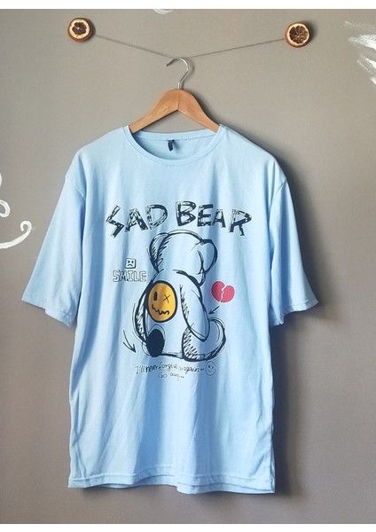 Bisiklet Yaka Oversize Sad Bear Baskılı Unisex T-Shirt