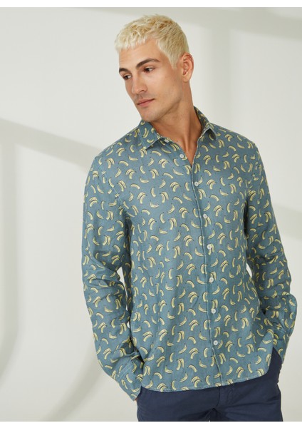 Slim Fit Düğmeli Yaka Mavi Erkek Gömlek Mr Mood Special Edition