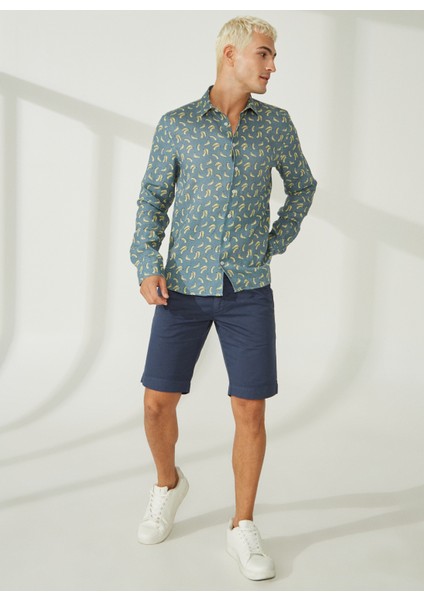 Slim Fit Düğmeli Yaka Mavi Erkek Gömlek Mr Mood Special Edition