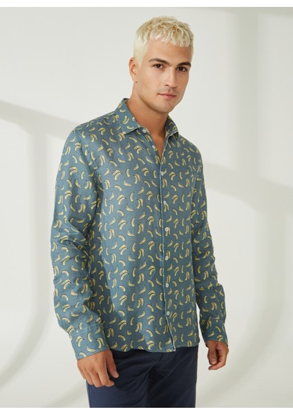 Slim Fit Düğmeli Yaka Mavi Erkek Gömlek Mr Mood Special Edition