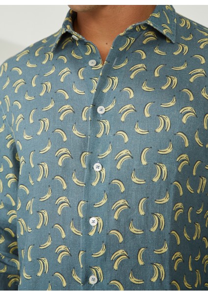 Slim Fit Düğmeli Yaka Mavi Erkek Gömlek Mr Mood Special Edition