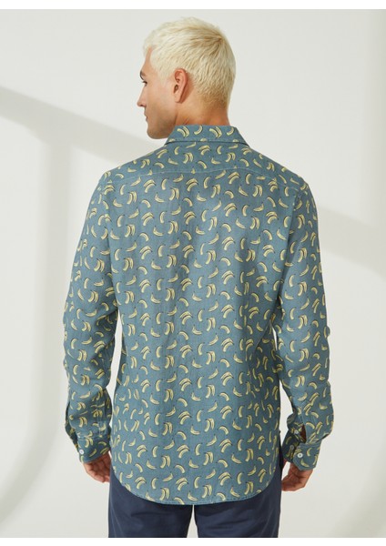 Slim Fit Düğmeli Yaka Mavi Erkek Gömlek Mr Mood Special Edition