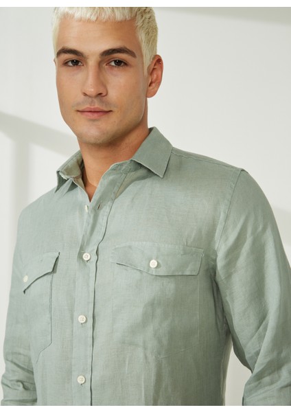 Slim Fit Düğmeli Yaka Yeşil Erkek Gömlek A266DONL20-