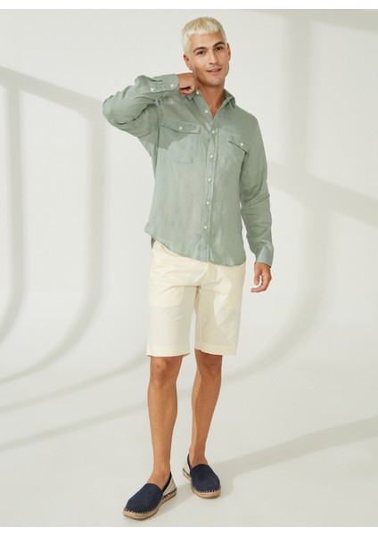 Slim Fit Düğmeli Yaka Yeşil Erkek Gömlek A266DONL20- fiyatları