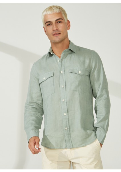 Slim Fit Düğmeli Yaka Yeşil Erkek Gömlek A266DONL20- modelleri
