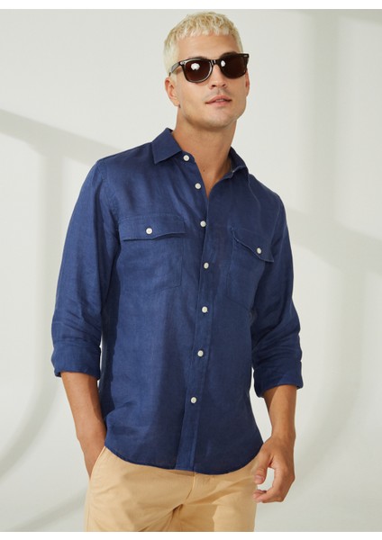 Slim Fit Düğmeli Yaka Koyu Mavi Erkek Gömlek A266DONL20-