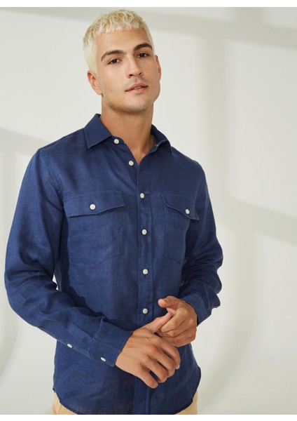 Slim Fit Düğmeli Yaka Koyu Mavi Erkek Gömlek A266DONL20- fiyatları