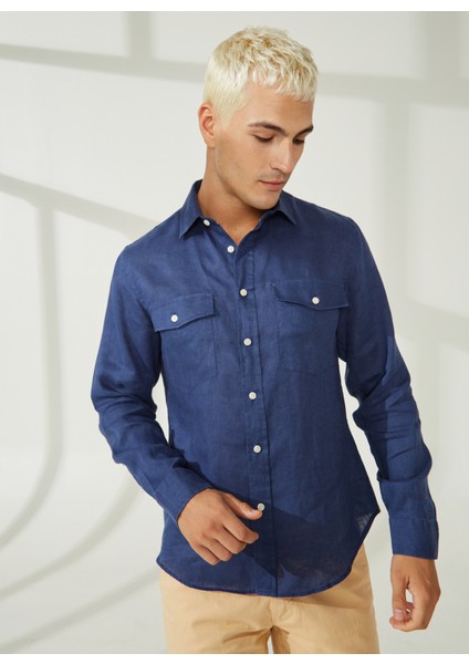Slim Fit Düğmeli Yaka Koyu Mavi Erkek Gömlek A266DONL20- fırsatları
