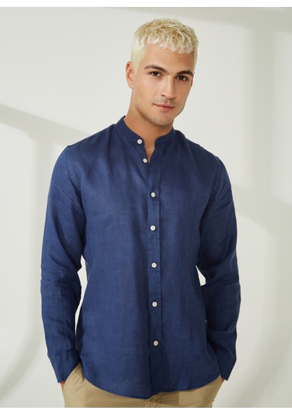 Slim Fit Düğmeli Yaka Koyu Mavi Erkek Gömlek A266DANIELL20-