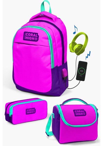 Kids Pembe Mor Usb'li 3’lü Okul Çanta Seti SET0124314