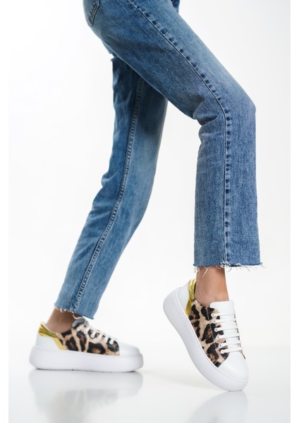 MB6303-BA Kadın Kalın Taban Beyaz Altın Hakiki Deri Sneaker & Spor Ayakkabı
