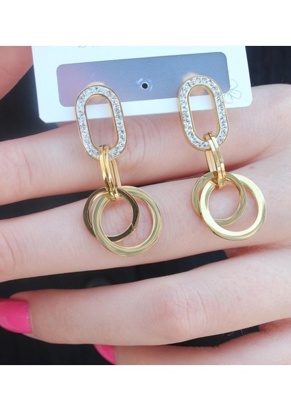 E-Bijuteri Çelik Gold Renk Zirkon Taşlı Halka Kadın Küpe