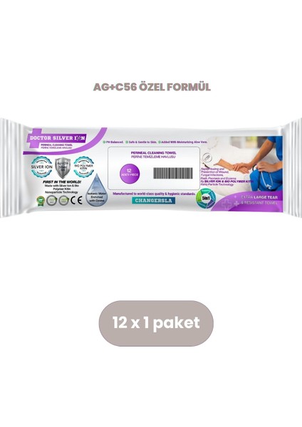 Gümüş İyonlu Özel Formül, Kızarık Önleyici Genital ve Perinel Bölge Büyük Bakım Mendili 12'li (1 Paket)