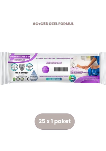 Gümüş İyonlu Özel Formül, Kızarık Önleyici Genital ve Perinel Bölge Büyük Bakım Mendili 25'li (1 Paket)