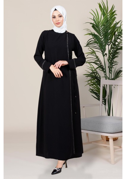 Yapışkan Taş Detaylı Kruvaze Kapama Tesettür Siyah Elbise 5383