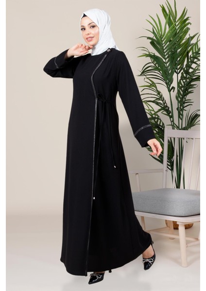 Yapışkan Taş Detaylı Kruvaze Kapama Tesettür Siyah Elbise 5383 fiyatları