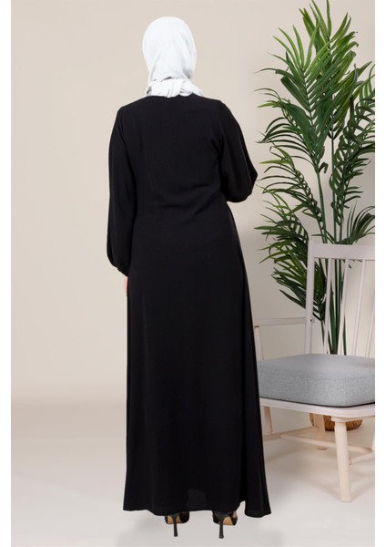 Yapışkan Taş Detaylı Kruvaze Kapama Tesettür Siyah Elbise 5383 modelleri