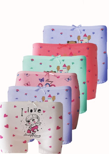 6lı Kız Çocuk Boxer %100 Pamuklu Likralı Baskılı Eğlenceli Rahat modelleri