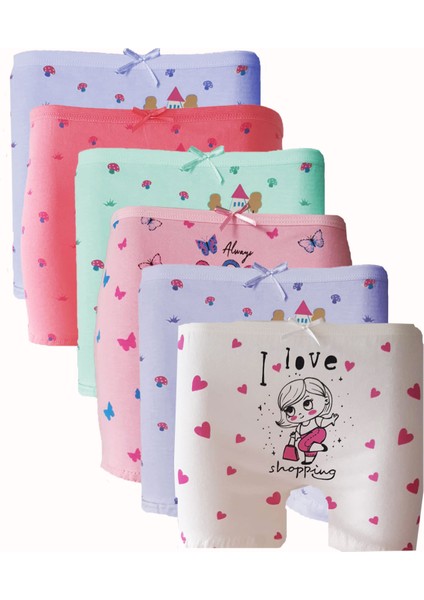 6lı Kız Çocuk Boxer %100 Pamuklu Likralı Baskılı Eğlenceli Rahat indirimleri