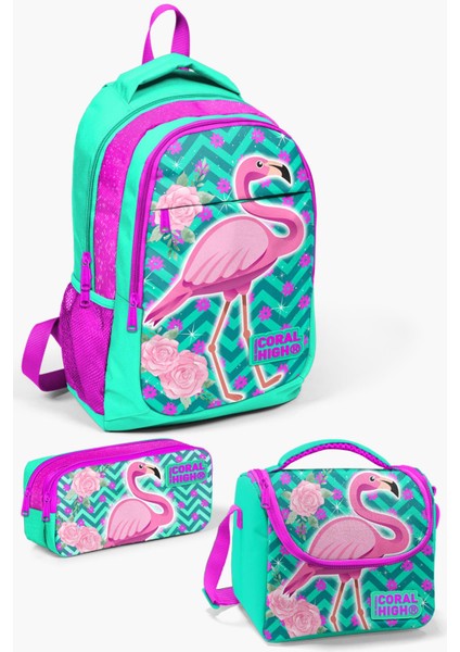Kids Su Yeşili Pembe Simli Flamingo Desenli 3’lü Okul Çanta Seti SET0114382