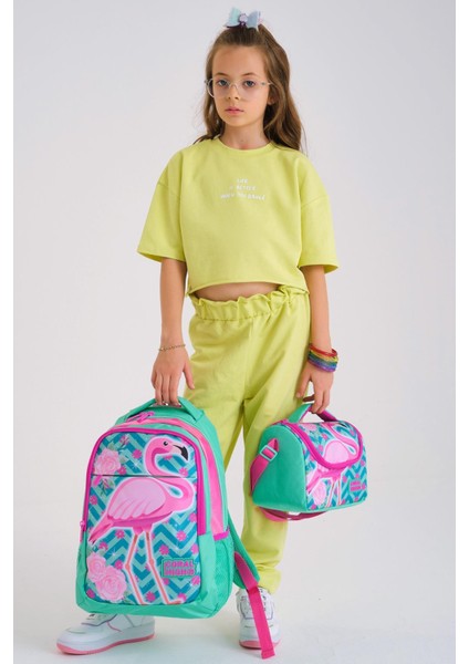 Kids Su Yeşili Pembe Simli Flamingo Desenli 3’lü Okul Çanta Seti SET0114382 fiyatları