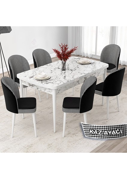 Concept Jul Serisi 80 x 132 Açılabilir Beyaz Mermer Desen Mutfak Masa Takımı Ve 6 Sandalye