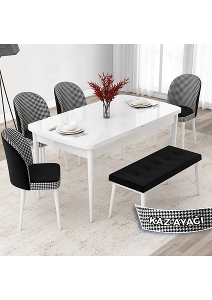 Concept Jul Serisi 80 x 132 Açılabilir Beyaz Mutfak Masa Takımı 4 Sandalye Ve 1 Bench