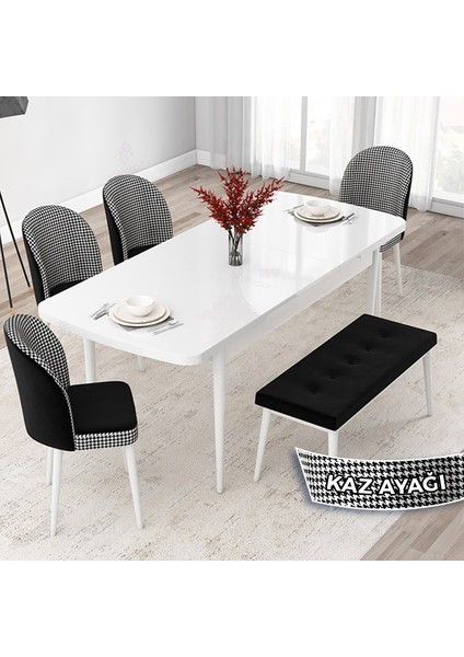 Concept Jul Serisi 80 x 132 Açılabilir Beyaz Mutfak Masa Takımı 4 Sandalye Ve 1 Bench