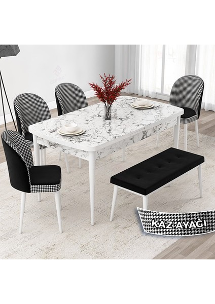 Concept Jul Serisi 80 x 132 Açılabilir Beyaz Mermer Desen Mutfak Masa Takımı 4 Sandalye Ve 1 Bench