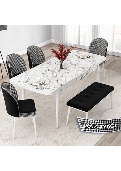 Concept Jul Serisi 80 x 132 Açılabilir Beyaz Mermer Desen Mutfak Masa Takımı 4 Sandalye Ve 1 Bench