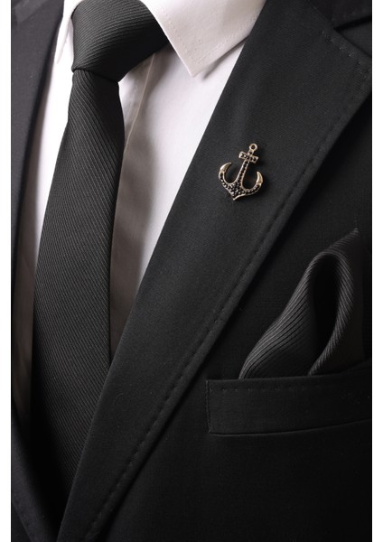 Kravat Mendil & Gold Renk Çapa Broş Erkek Hediye Seti