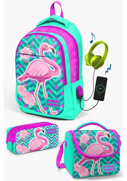 Kids Su Yeşili Pembe Simli Flamingo Desenli Usb'li 3’lü Okul Çanta Seti SET0123411