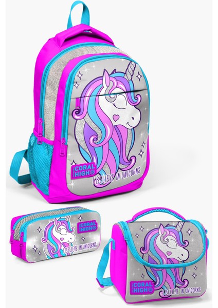 Kids Pembe Gümüş Simli Unicorn Desenli 3’lü Okul Çanta Seti SET0114383