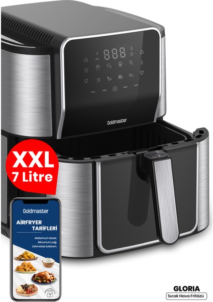 Gloria 7 Litre Inox Geniş Hazneli Xxl Dokunmatik 8 Ön Ayarlı Airfryer Sıcak Hava Fritözü GM8405