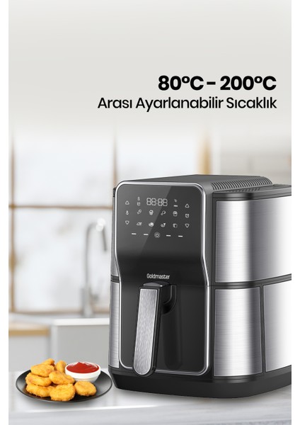 Gloria 7 Litre Inox Geniş Hazneli Xxl Dokunmatik 8 Ön Ayarlı Airfryer Sıcak Hava Fritözü GM8405