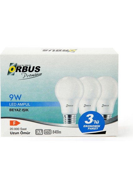 9W 800LM E27 3'lü LED Ampul - 6400K - Beyaz Işık