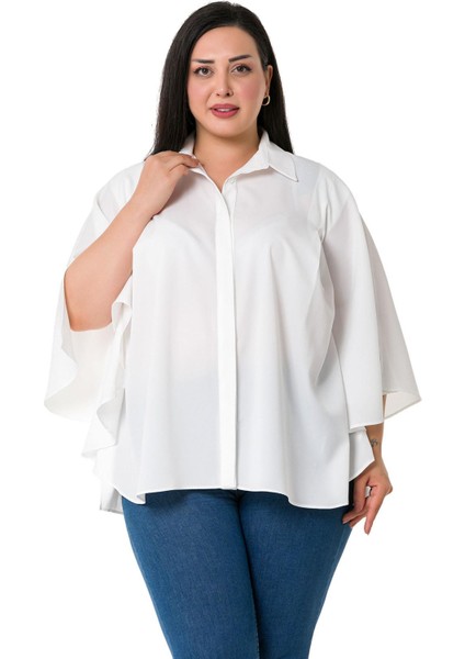 Büyük Beden Pelerin Kollu Gizli Patlı Pilikaşe Detaylı Beyaz Gömlek