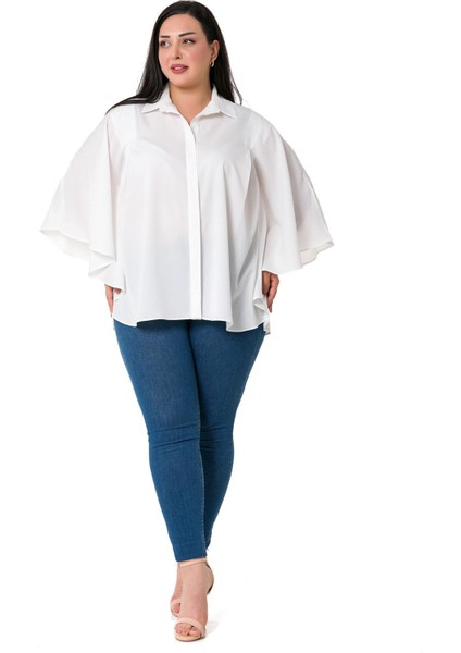 Büyük Beden Pelerin Kollu Gizli Patlı Pilikaşe Detaylı Beyaz Gömlek fiyatları