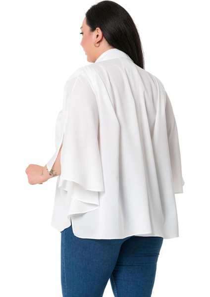 Büyük Beden Pelerin Kollu Gizli Patlı Pilikaşe Detaylı Beyaz Gömlek modelleri