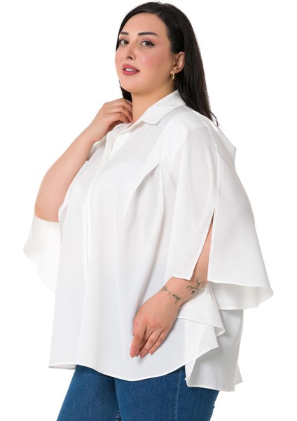 Büyük Beden Pelerin Kollu Gizli Patlı Pilikaşe Detaylı Beyaz Gömlek fırsatları