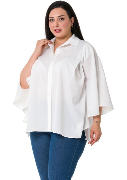 Büyük Beden Pelerin Kollu Gizli Patlı Pilikaşe Detaylı Beyaz Gömlek indirimleri