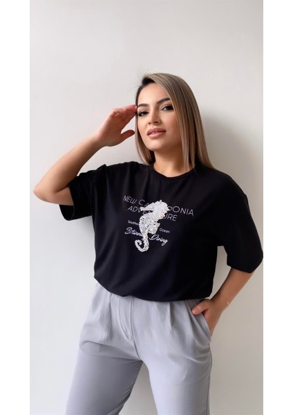 Inci Işlemeli Adven Ture Tişört/siyah