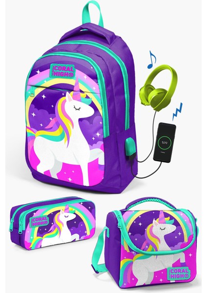 Kids Mor Su Yeşili Unicorn Desenli Usb'li 3’lü Okul Çanta Seti SET0123415