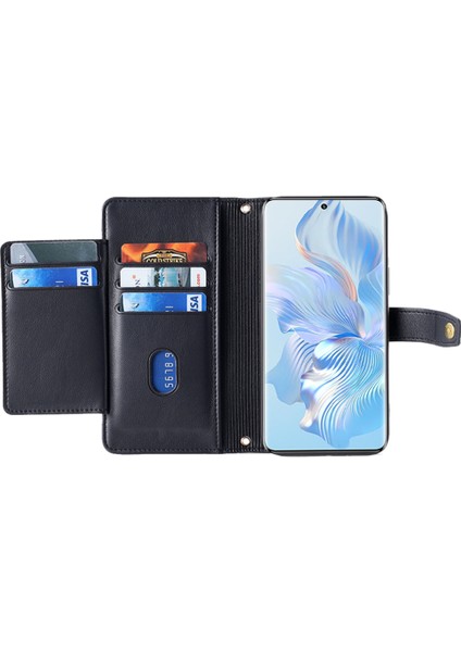 Honor Magic5 Pro For Stance Stand Deri Kılıf Damla Damalı Koruma Damalı Fermuar Cep Cüzdan Kapağı 2 Kayış (Yurt Dışından)