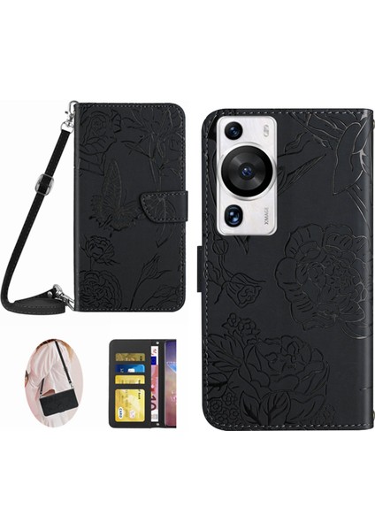 Huawei Telefon Kılıfı P60 / P60 Pro Cüzdan Pu Deri Deri Stand Kelebek Çiçekleri Baskılı Kapak Omuz Kayışı (Yurt Dışından)